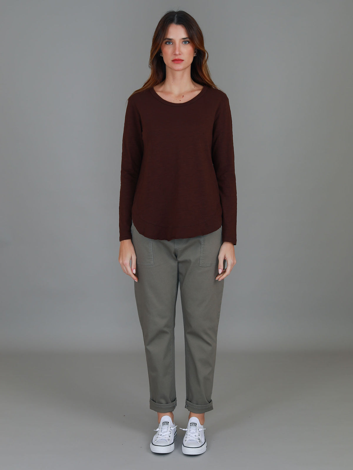 brown curved hem long sleeve