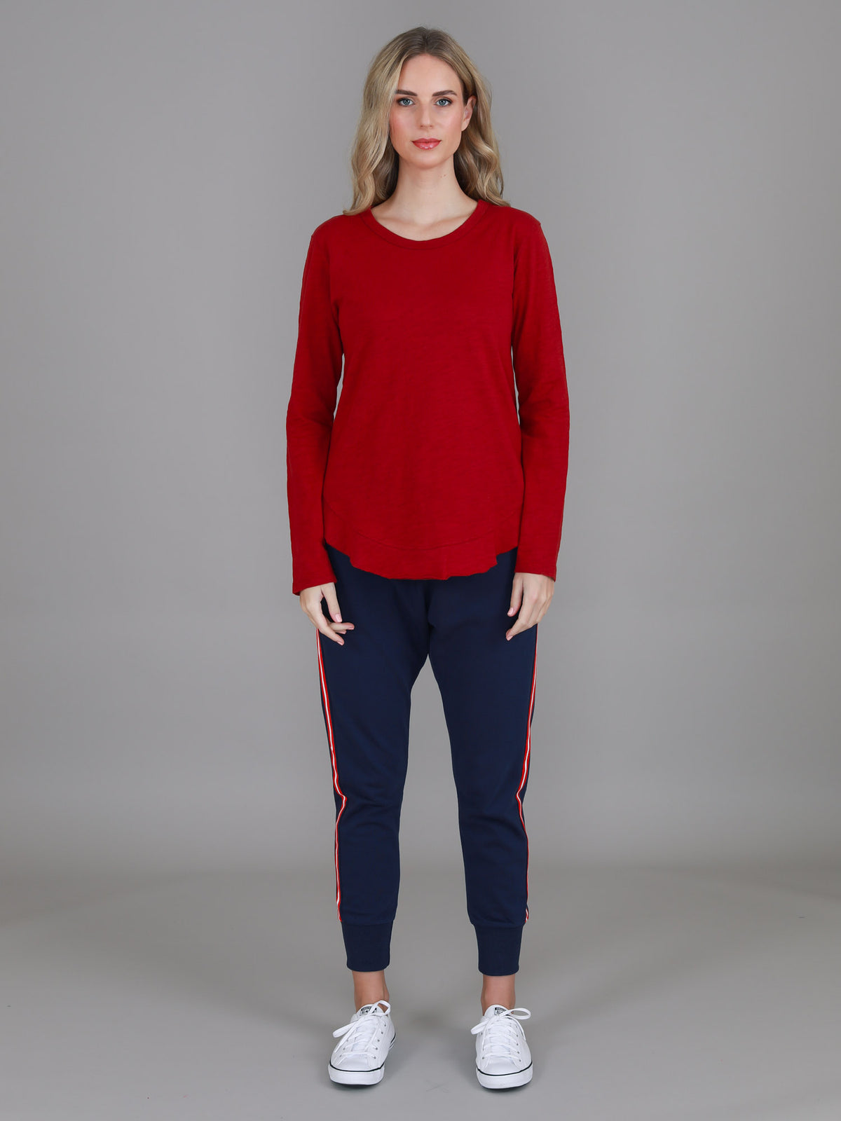 red curved hem long sleeve