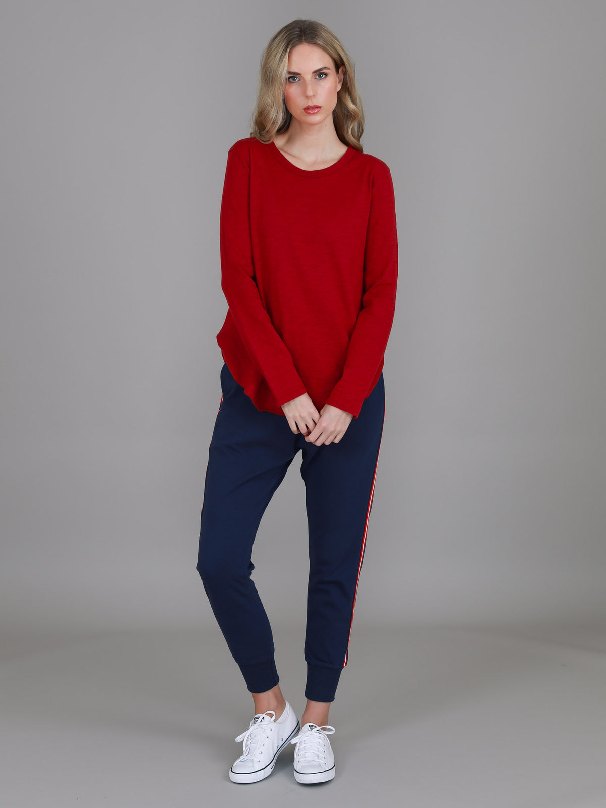 red crew neck long sleeve tee