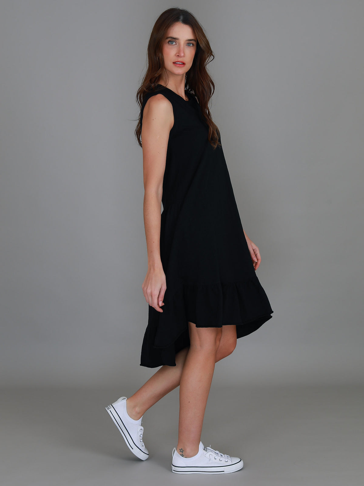black flared hem dress