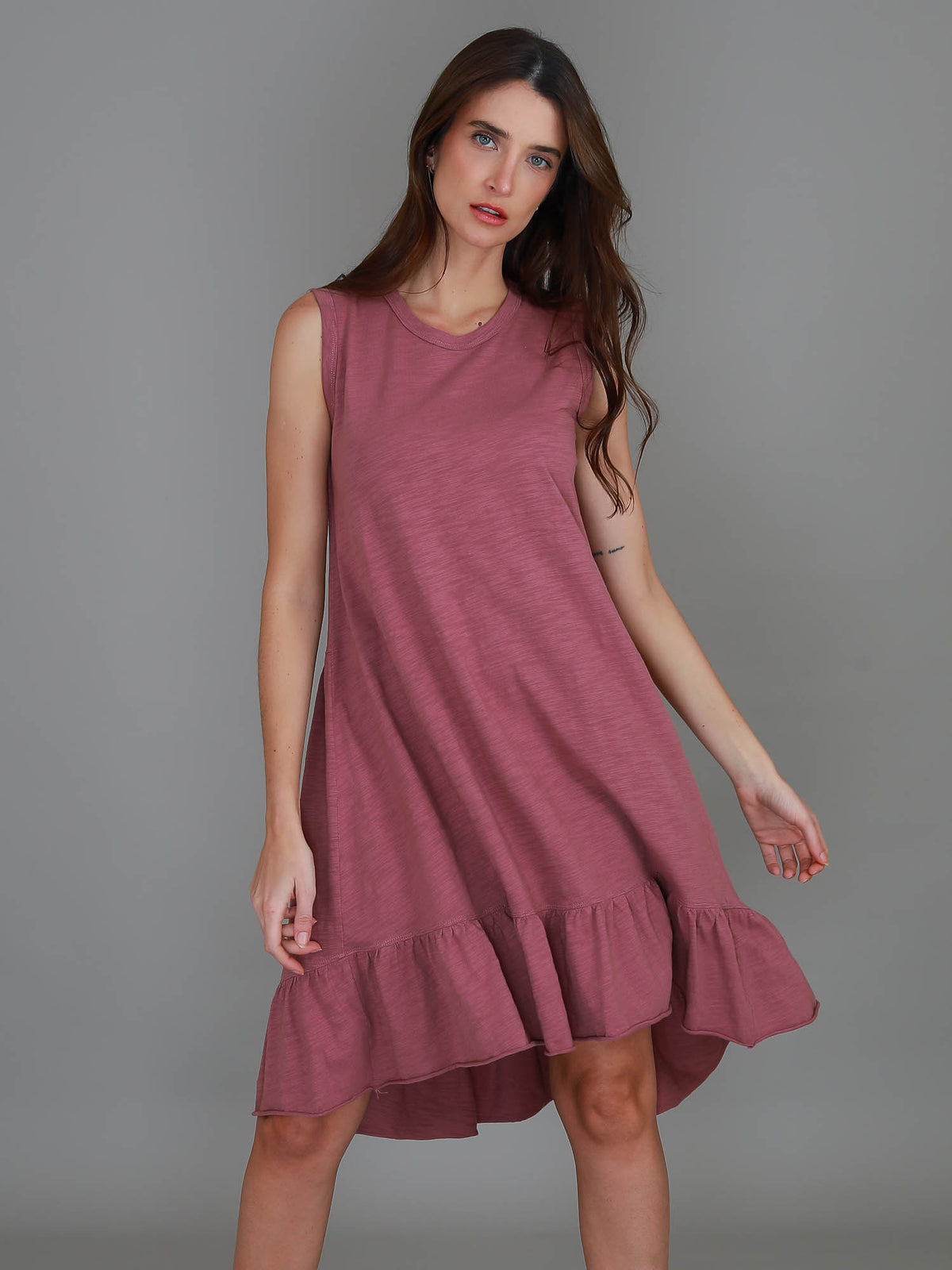 purple ruffle hem dress