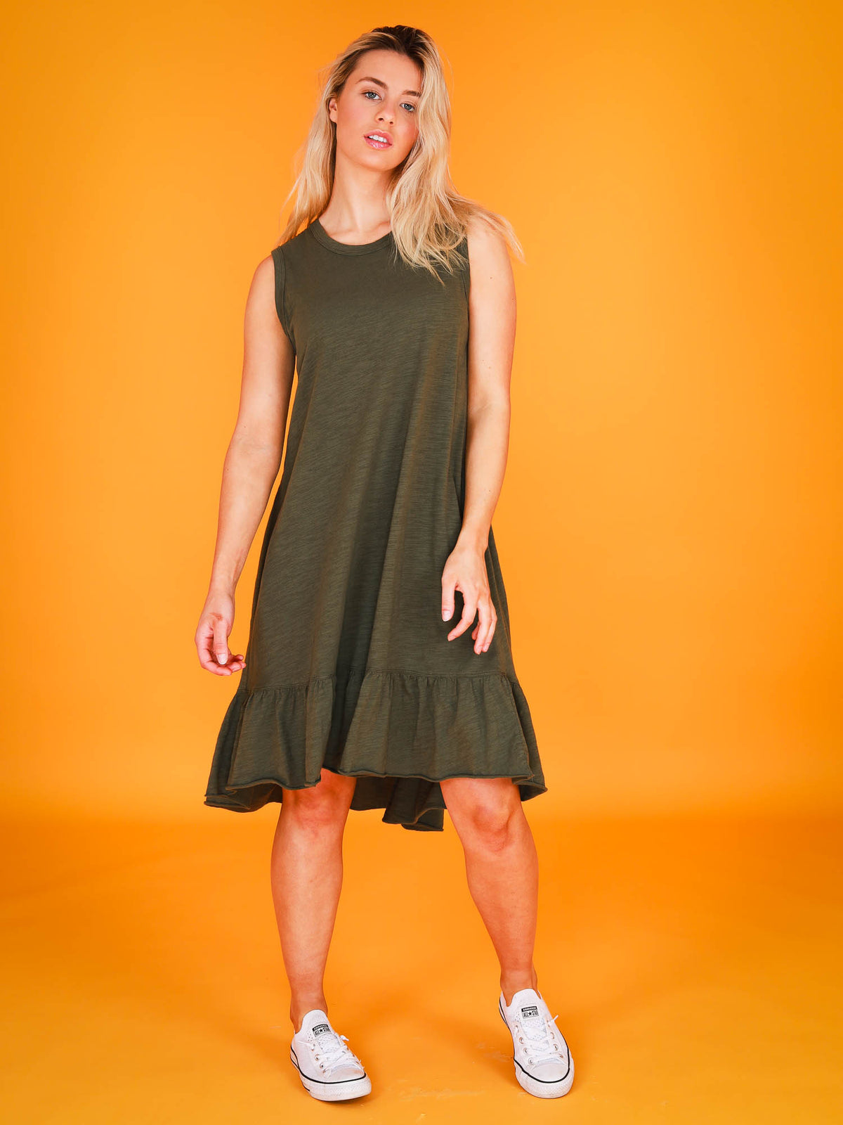 khaki sleeveless dress