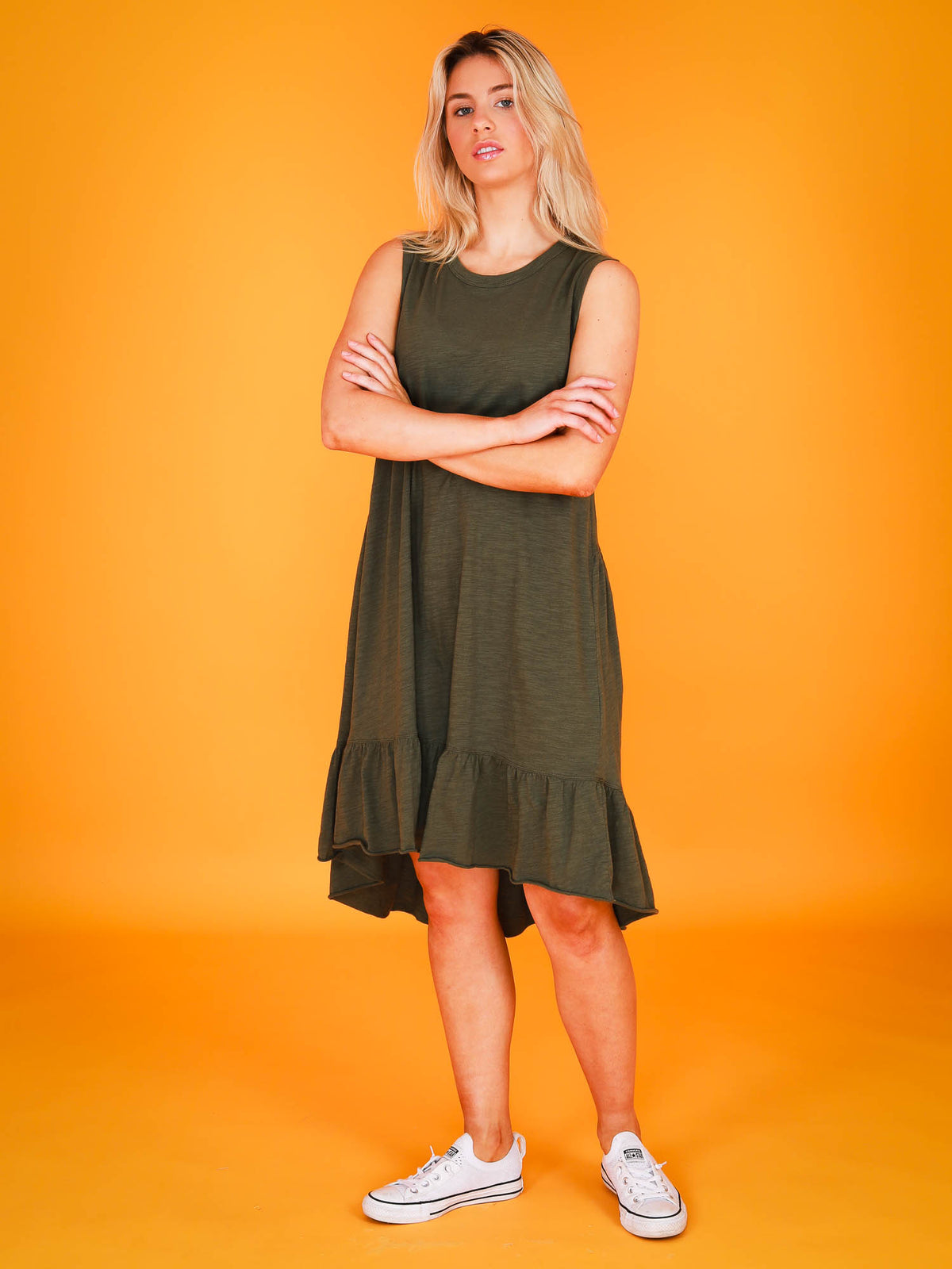 green ruffle dress