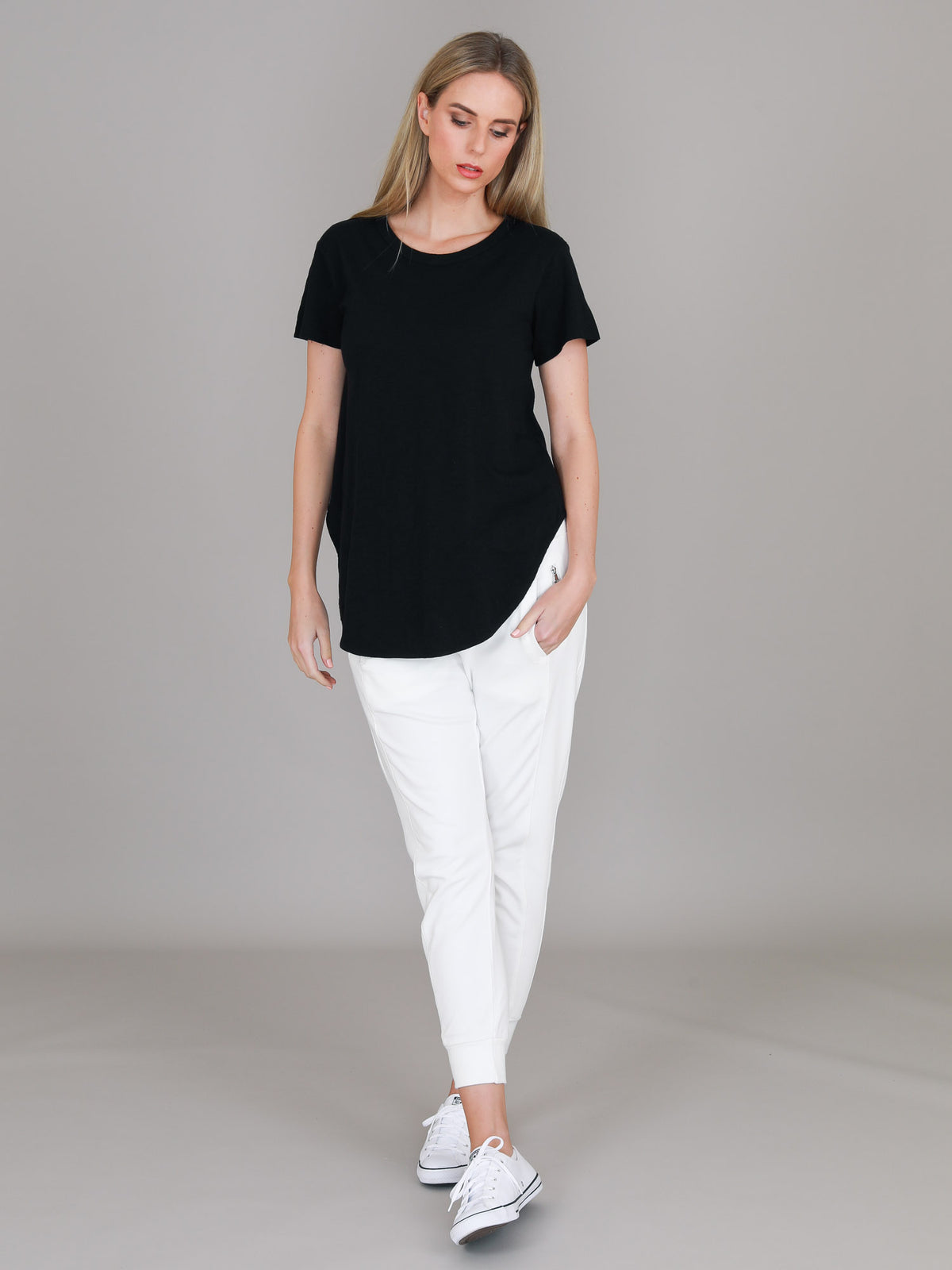 black curved hem t shirt
