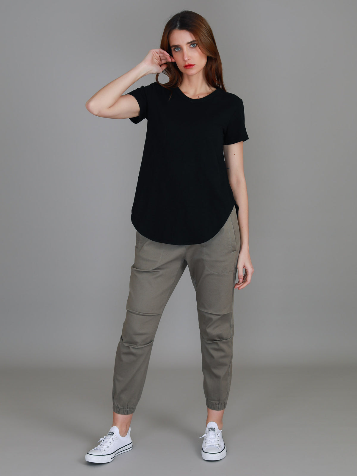black curved hem t shirt