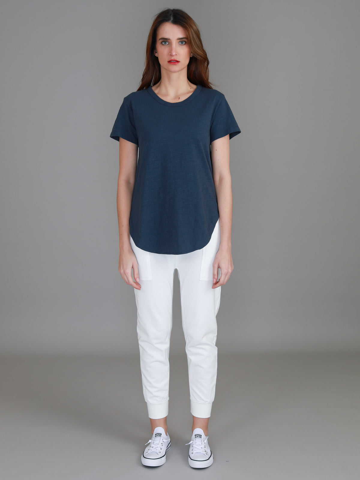 navy tee women curved hem