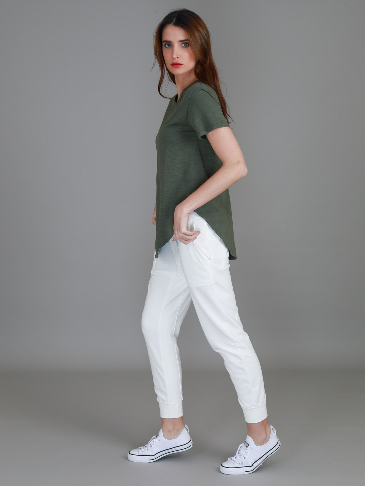 khaki curved hem t shirt