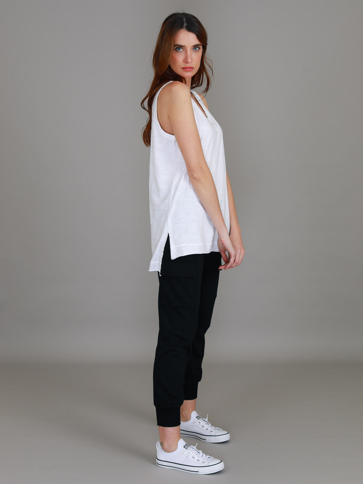 white sleeveless crew tank