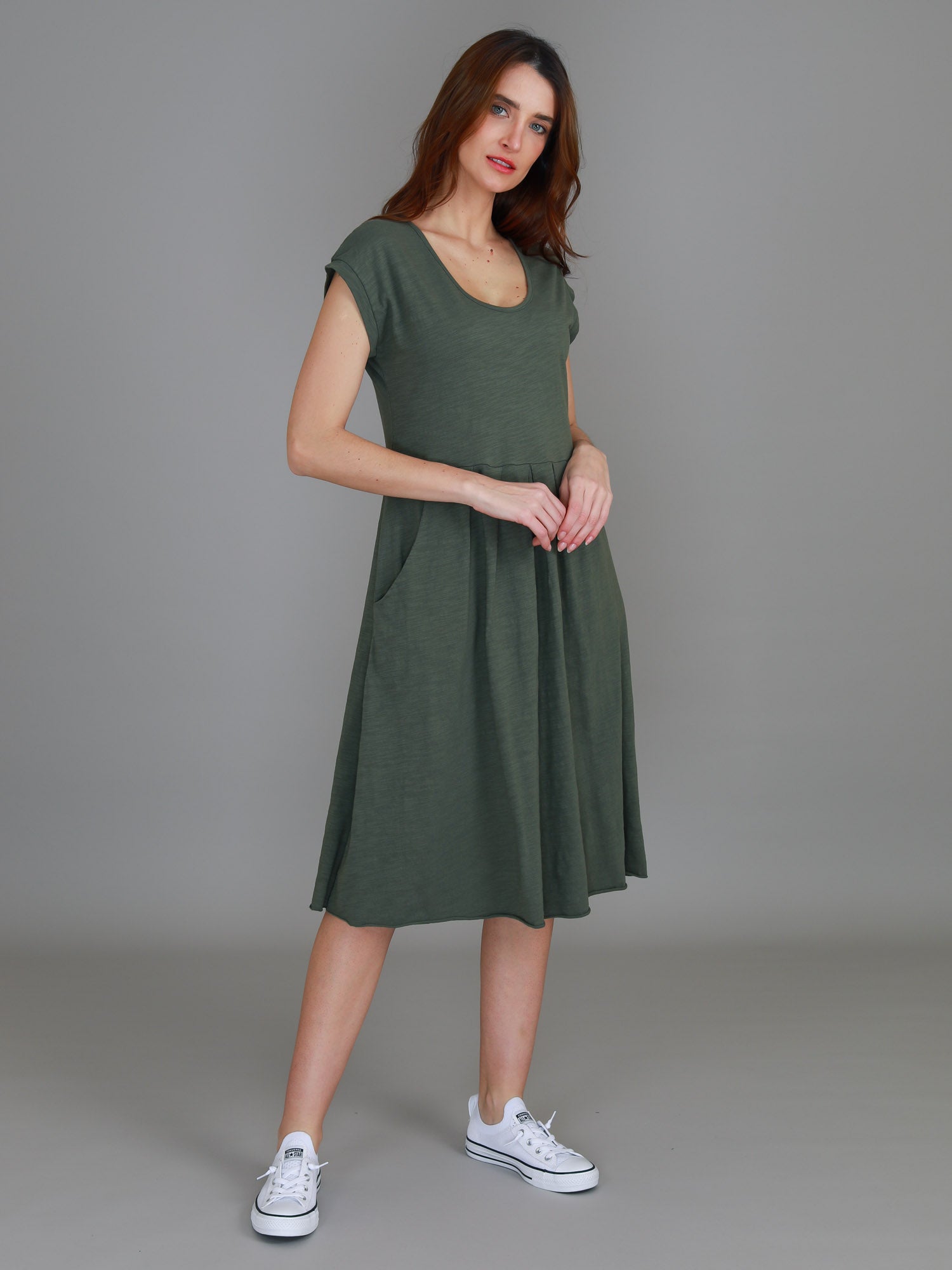 midi dress with pockets #color_khaki