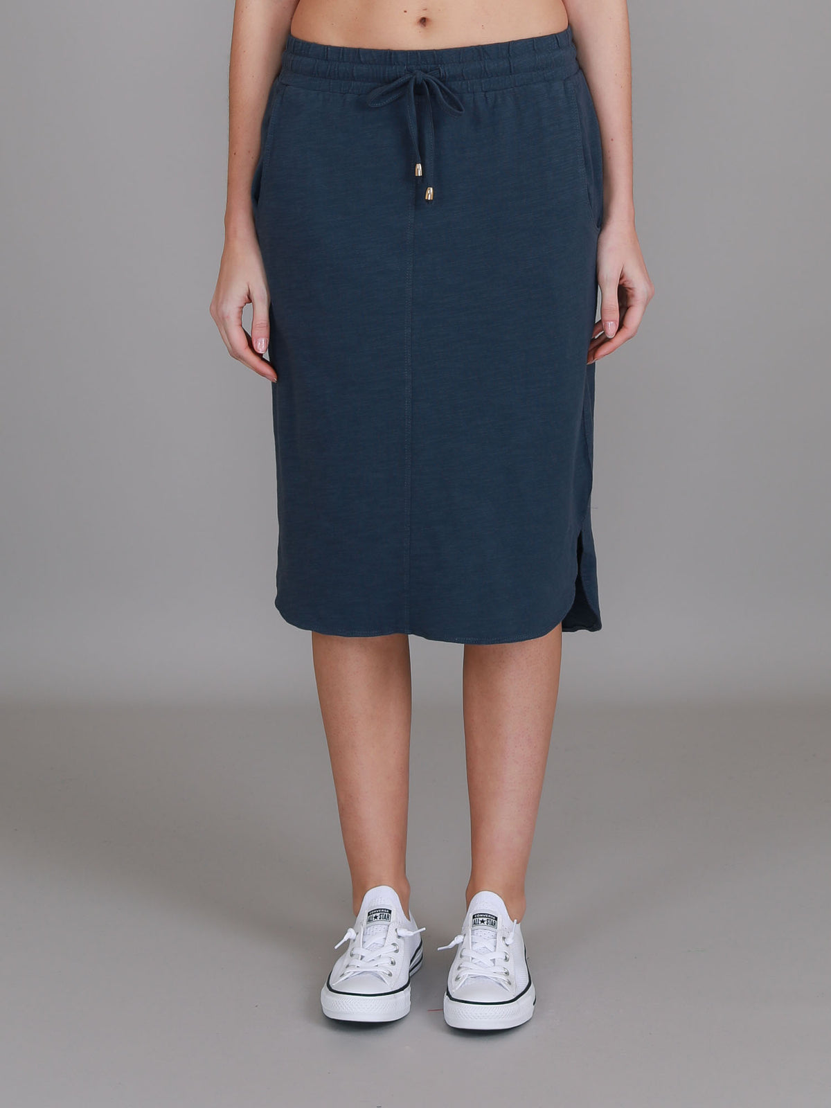 navy knee length skirt