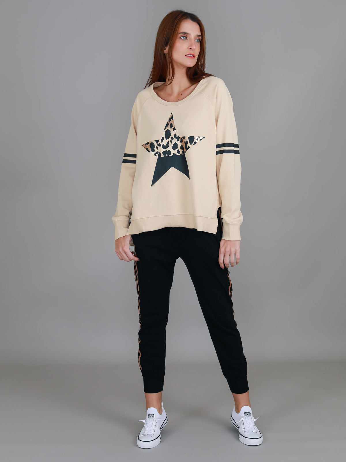 beige crewneck sweatshirt