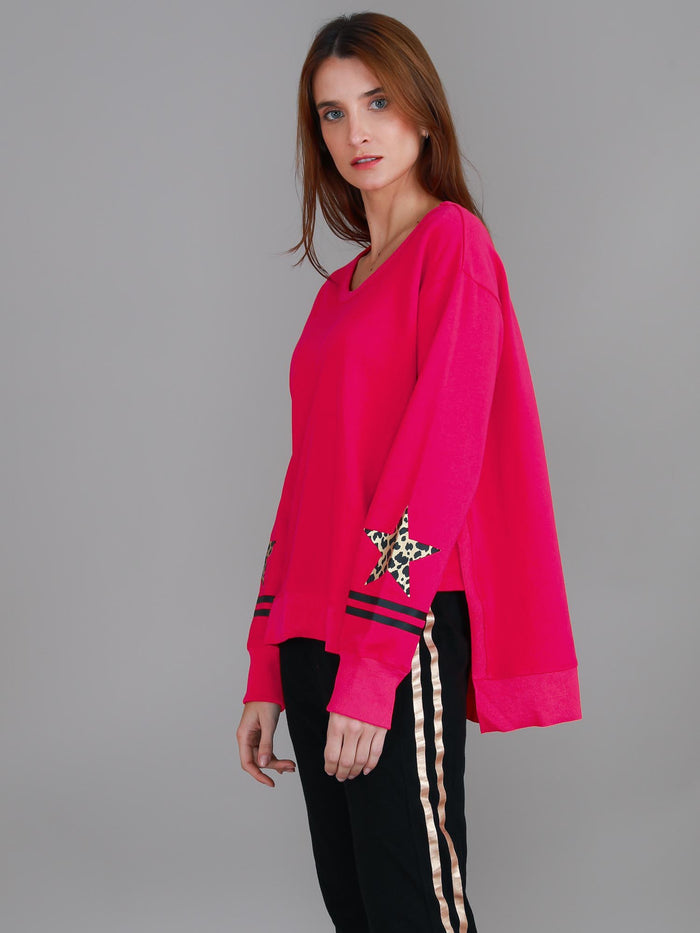 Oxford Leopard Star Print on Sleeve Crewneck Sweatshirt