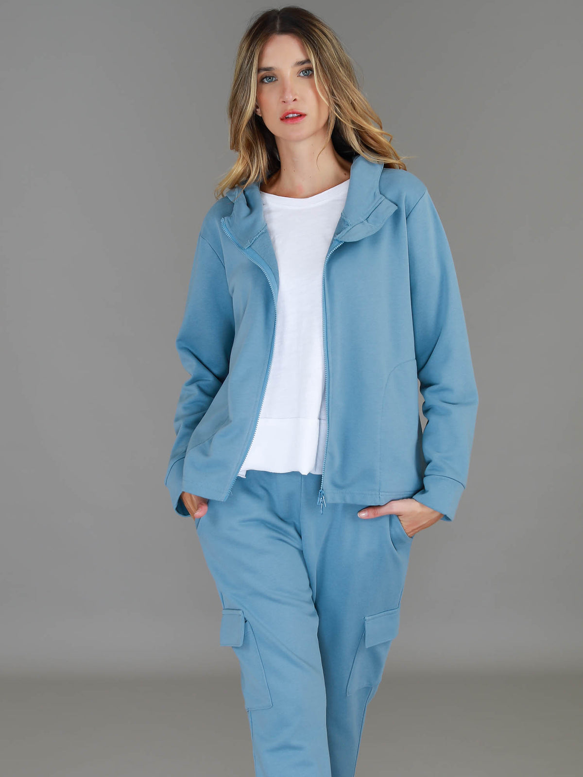 blue zip up hoodie