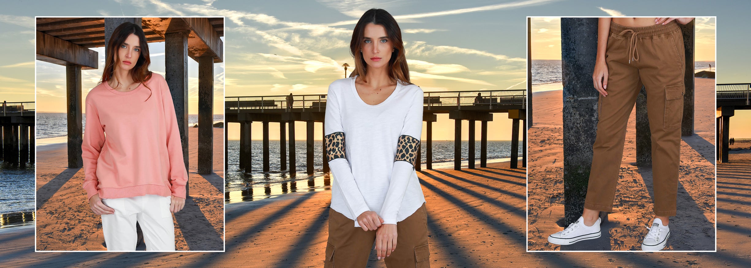 Three product images of a pink sweater, white top with black pattern, and brown pants on a beach setting.