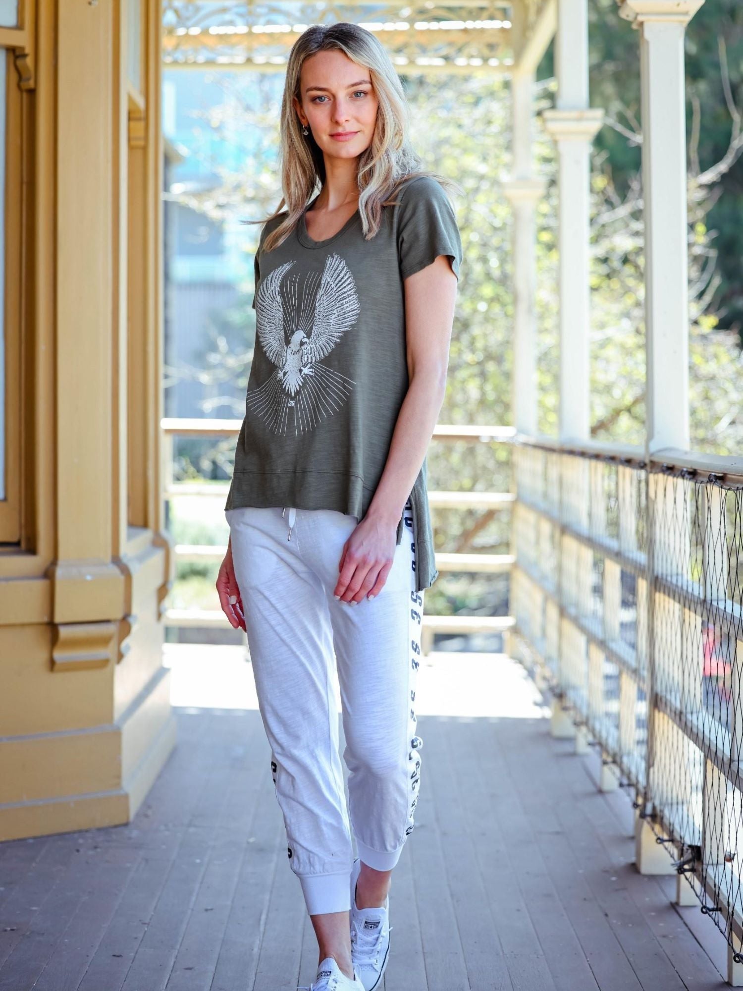 Women's Khaki Short Sleeve T-Shirt With Eagle Print