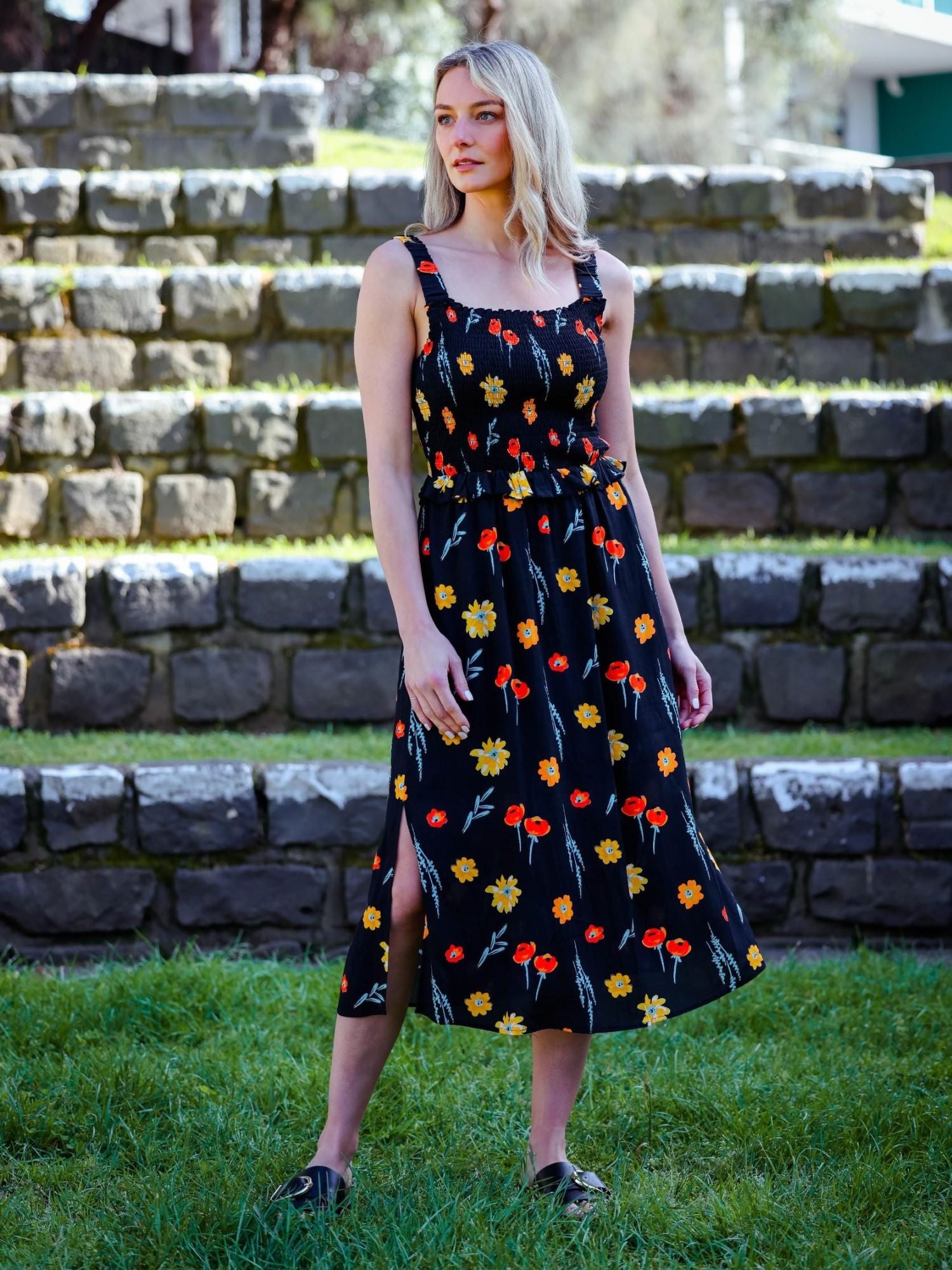 Black Midi Dress With Colourful Flowers