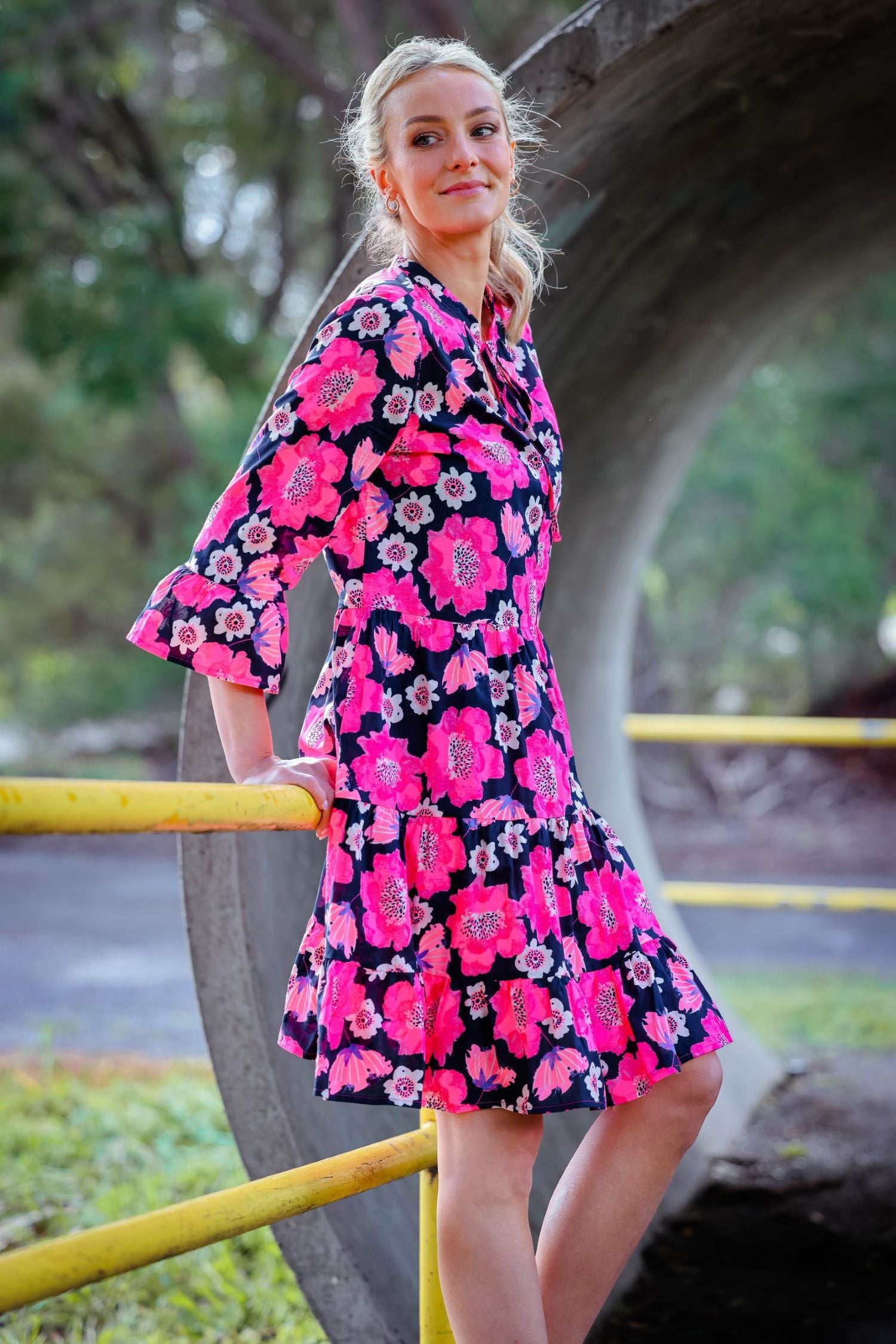 Knee length pink floral dress