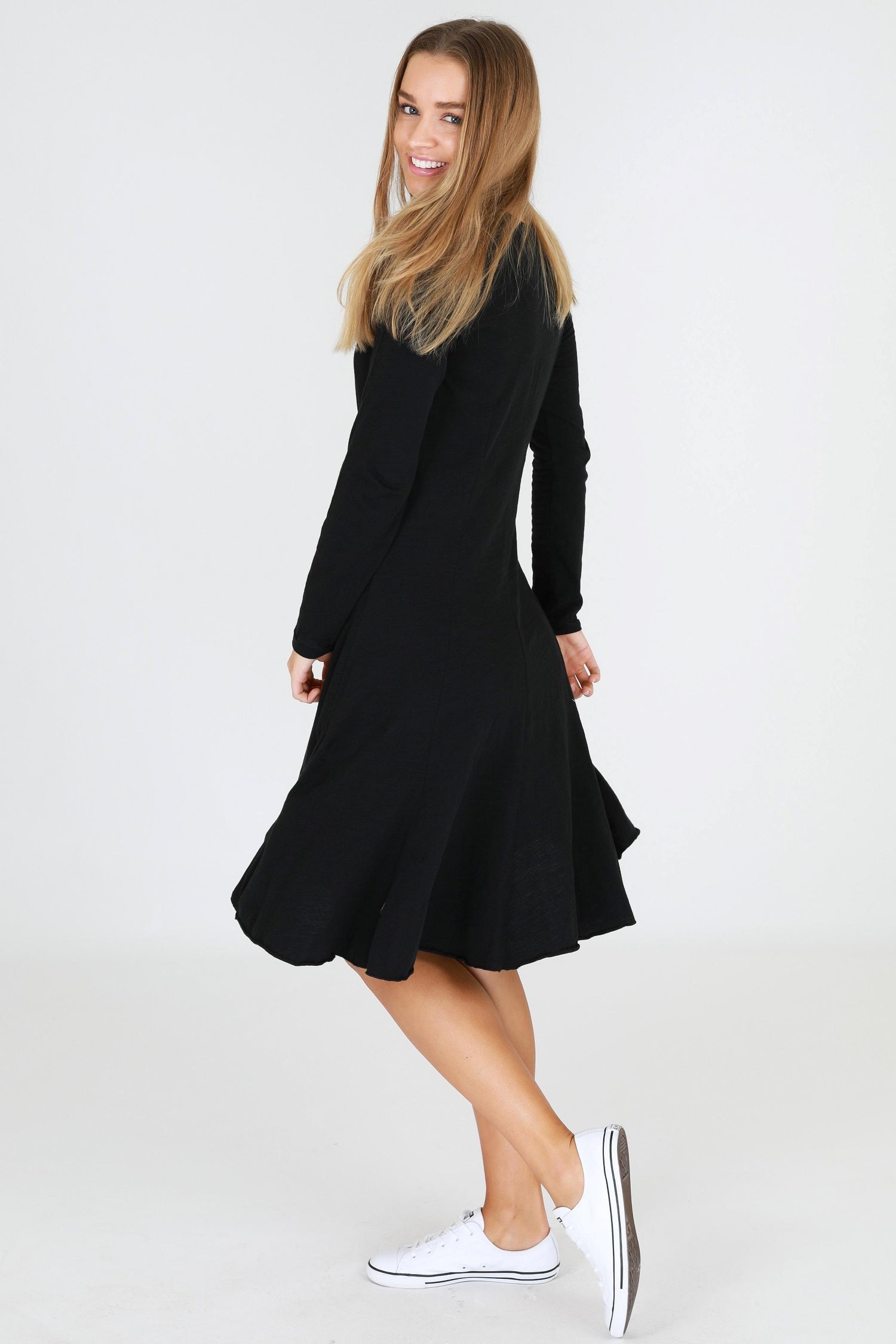 fitted long sleeve dress #color_black