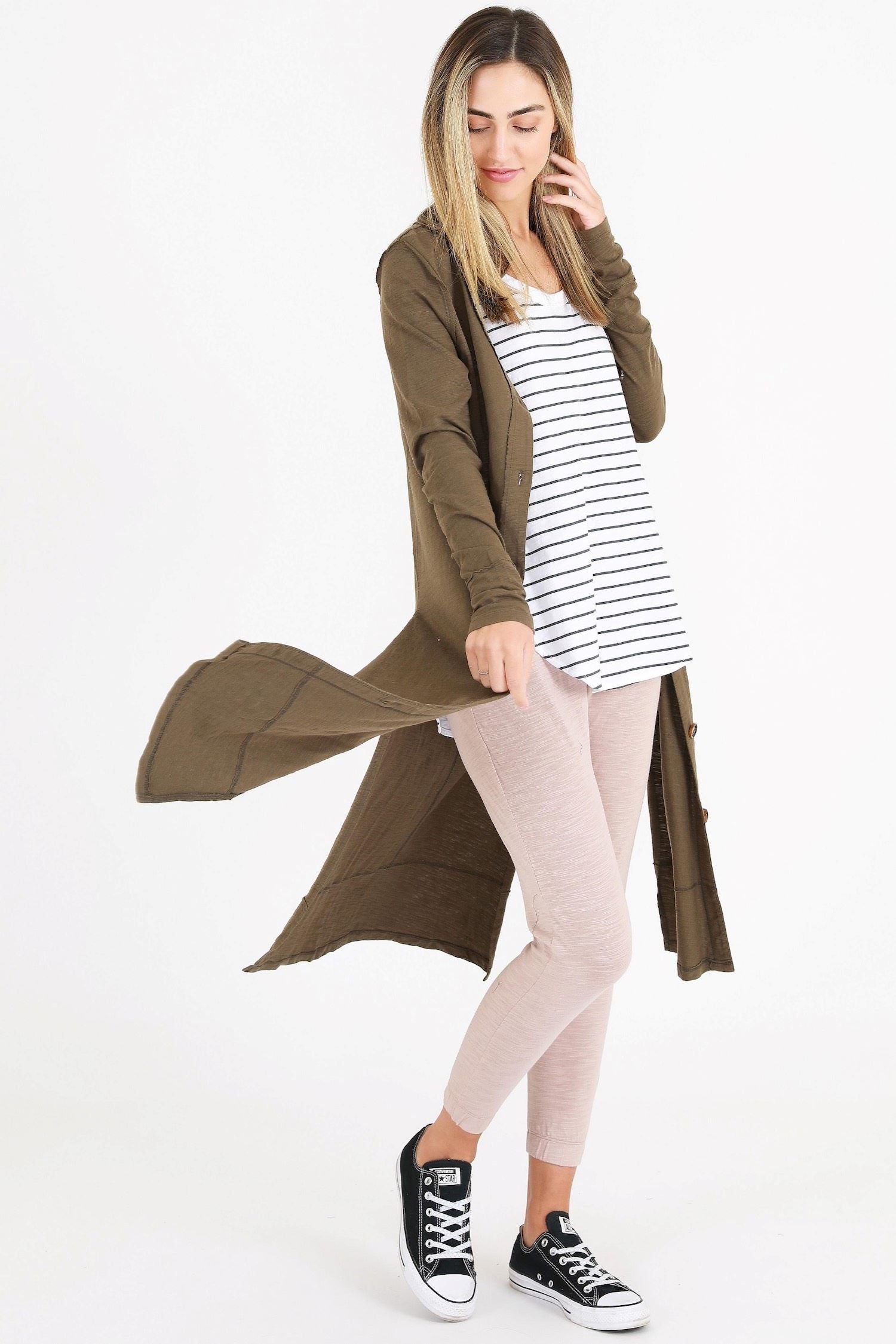 Knee Length Khaki Cardigan #color_sage