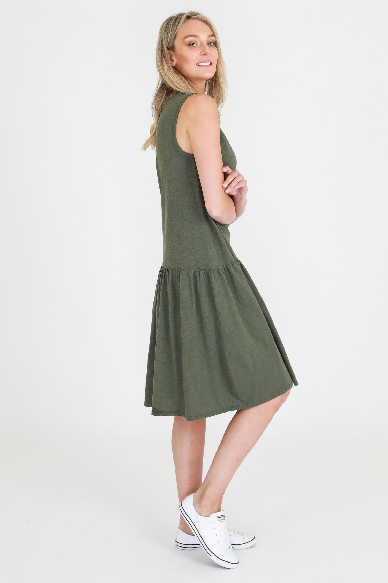 long sleeve knee length dress #color_khaki