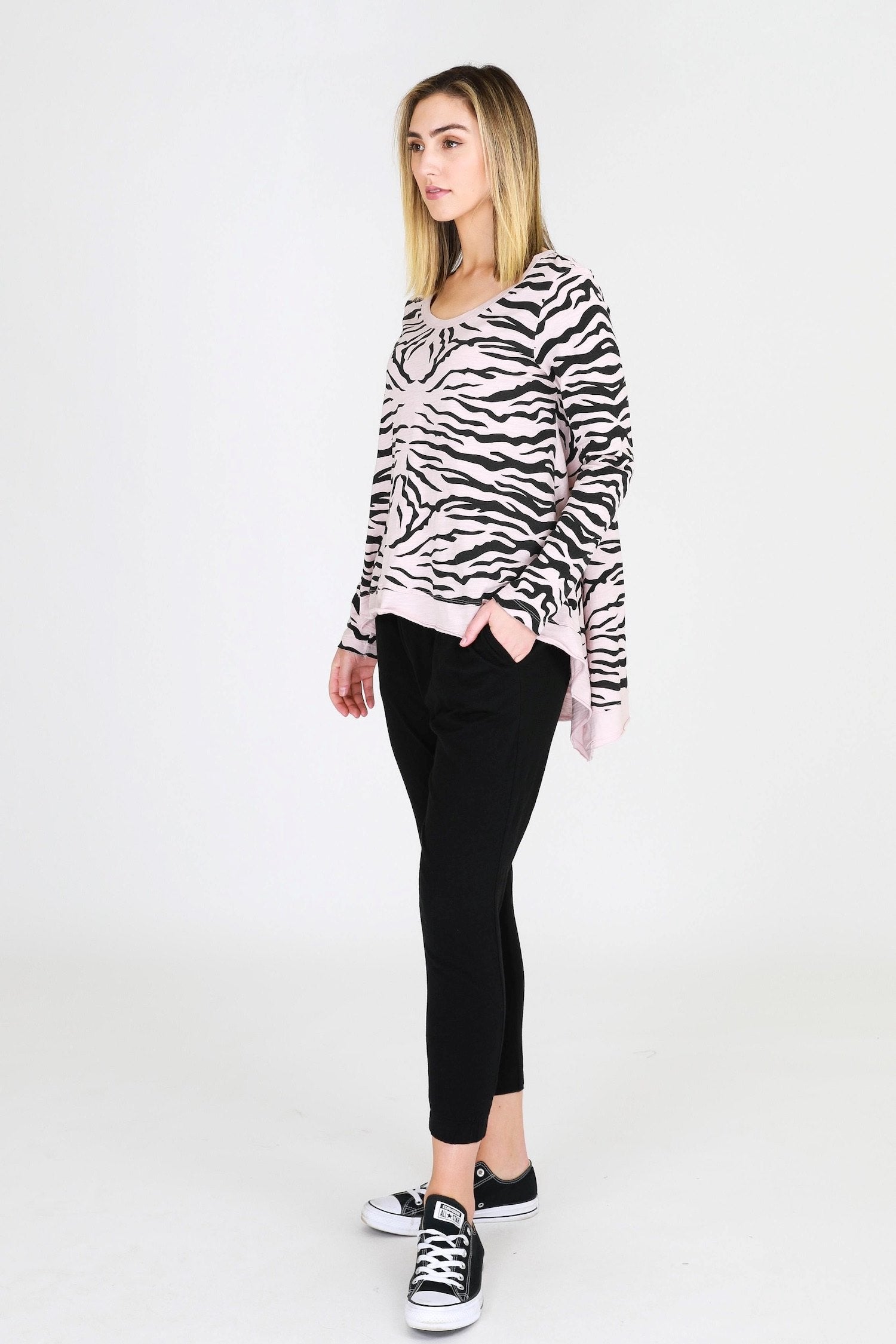A Long Sleeve Tee in Blush Marle with Zebra Print #color_blush marle