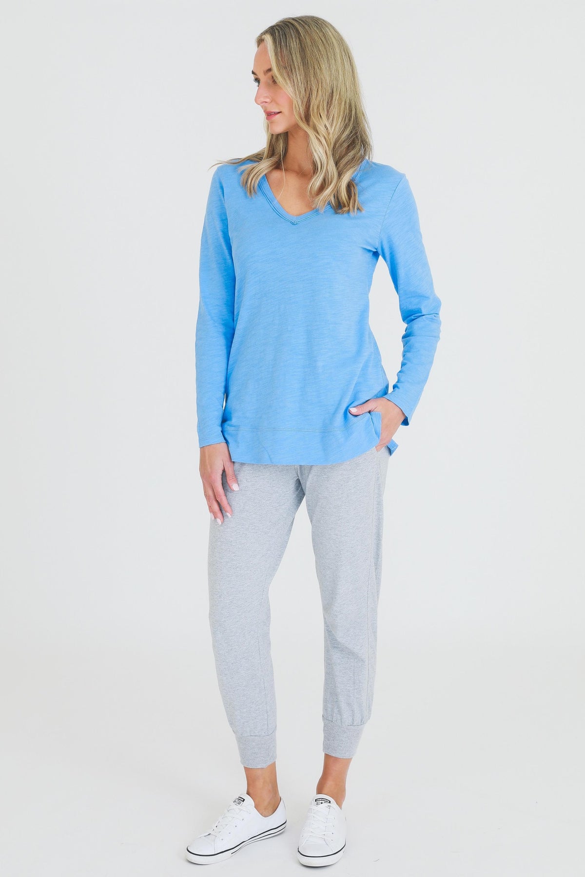 blue v neck long sleeve top