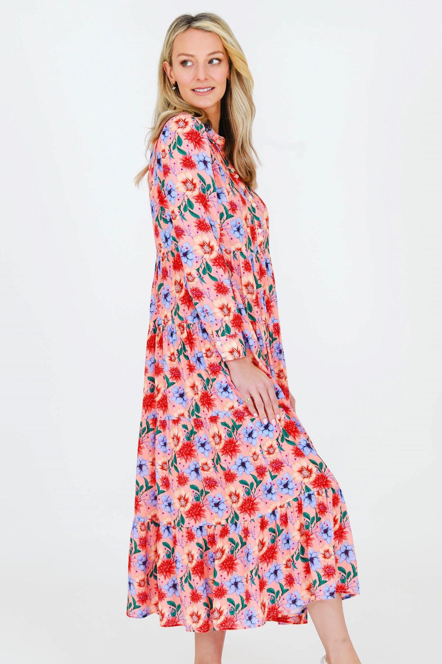 Long Sleeve Red Floral Maxi Dress