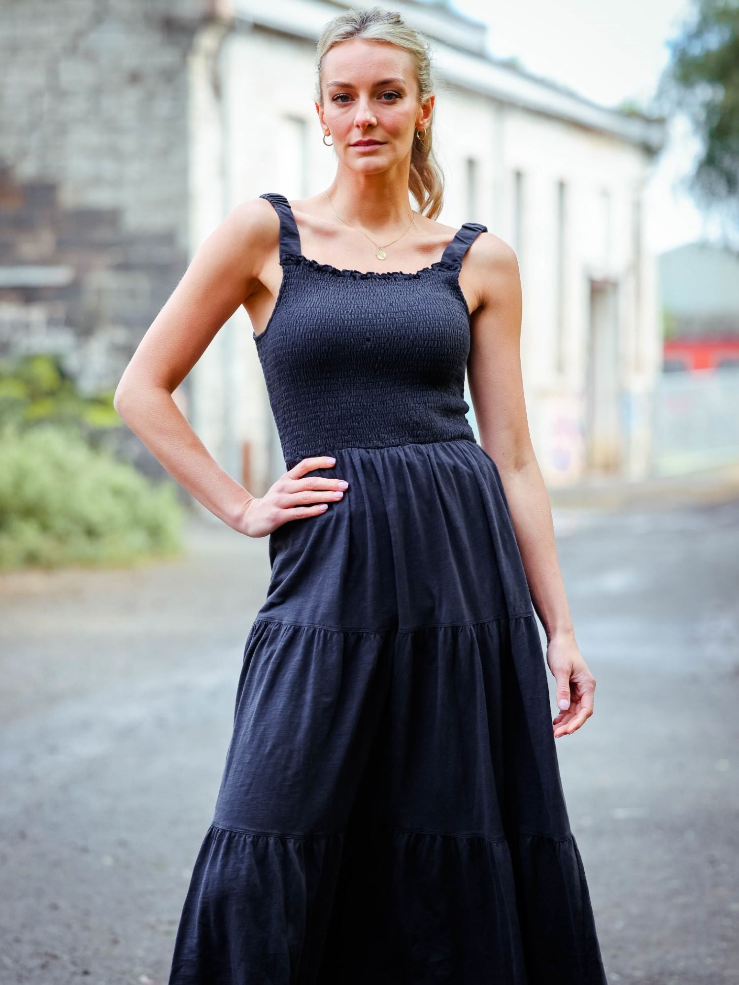 Shirred Black Midi Dress
