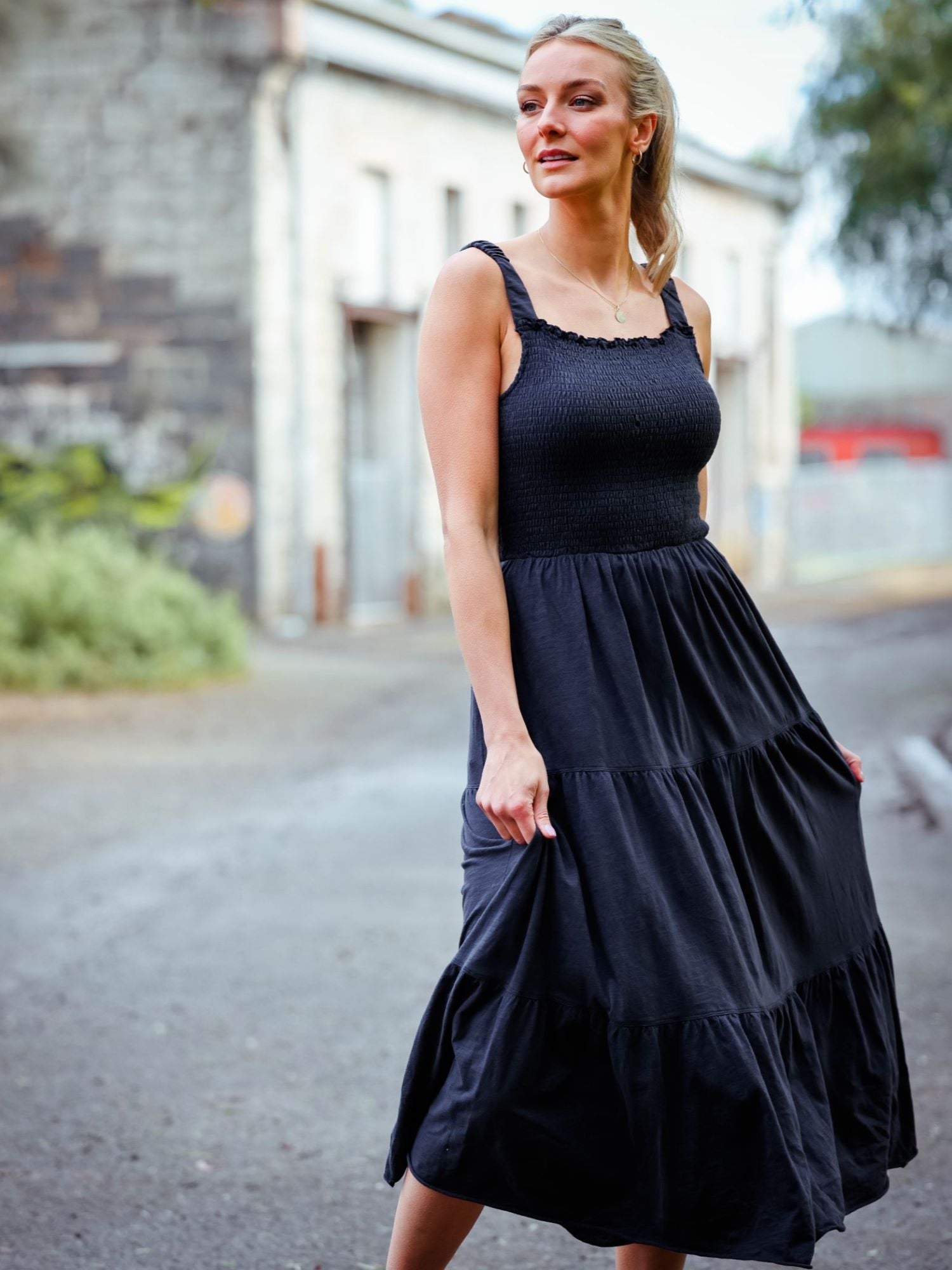 Shirred black midi tiered dress