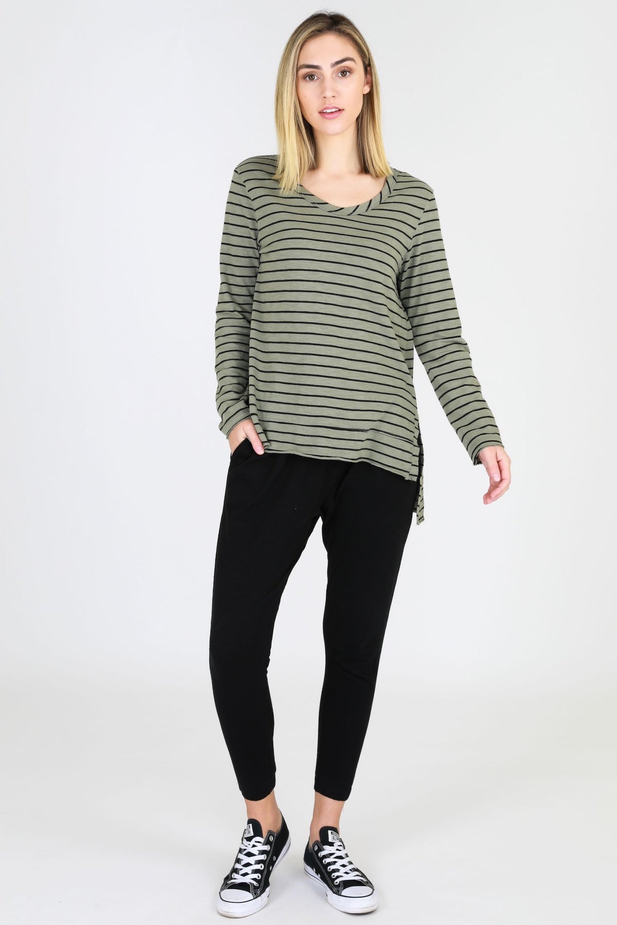 green stripe long sleeve t shirt womens