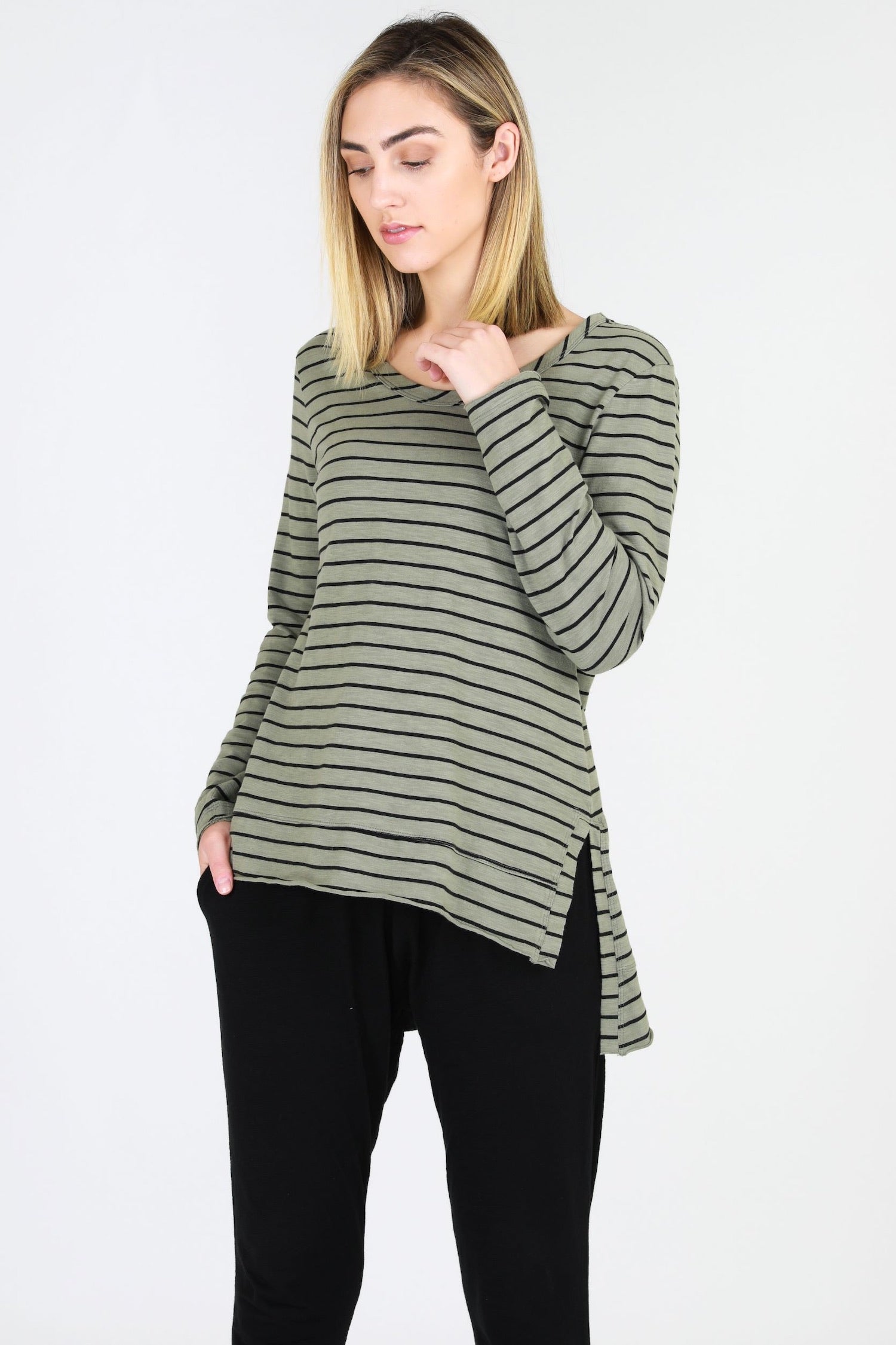 womens black long sleeve top #color_moss green stripe