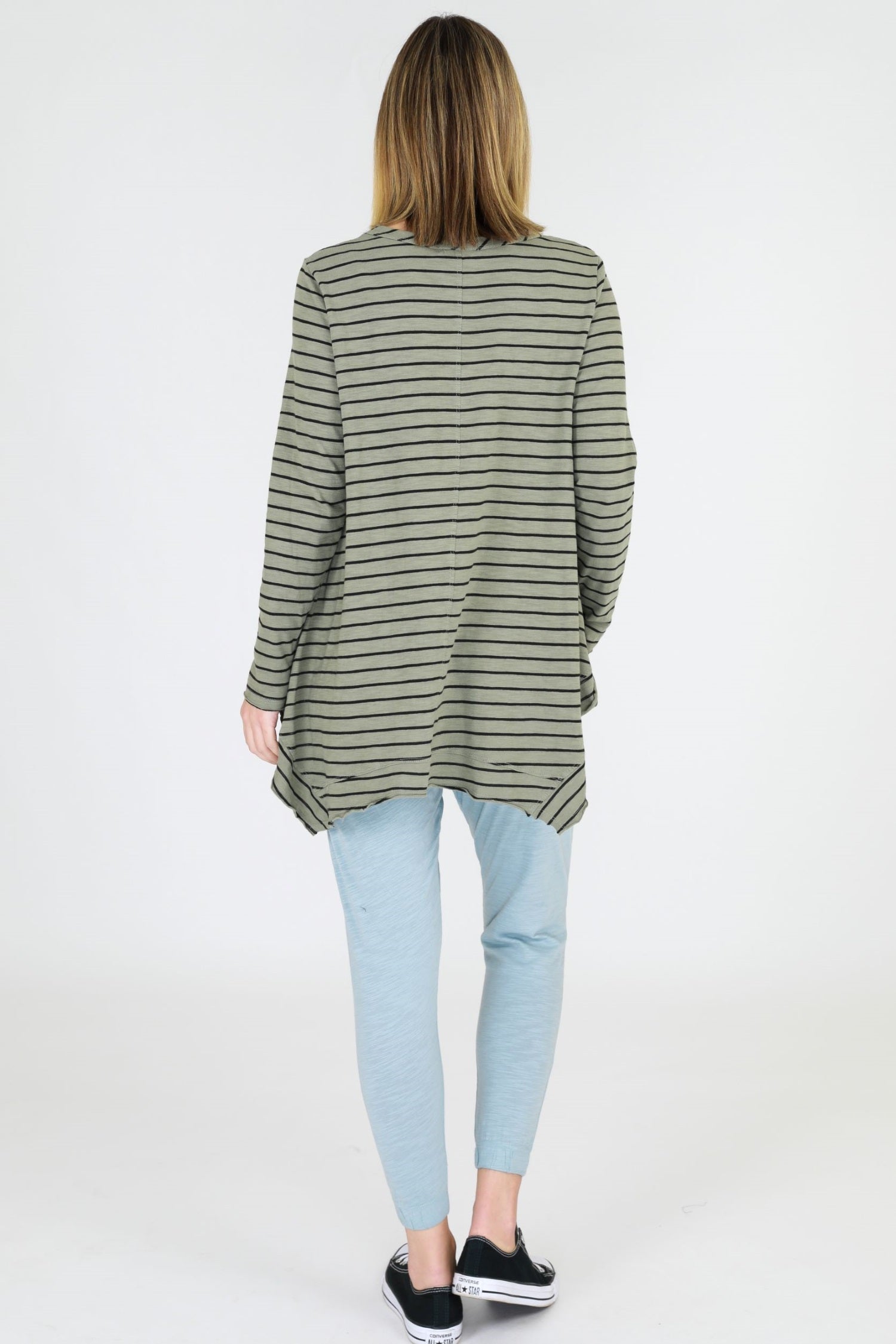 long sleeve white top #color_moss green stripe