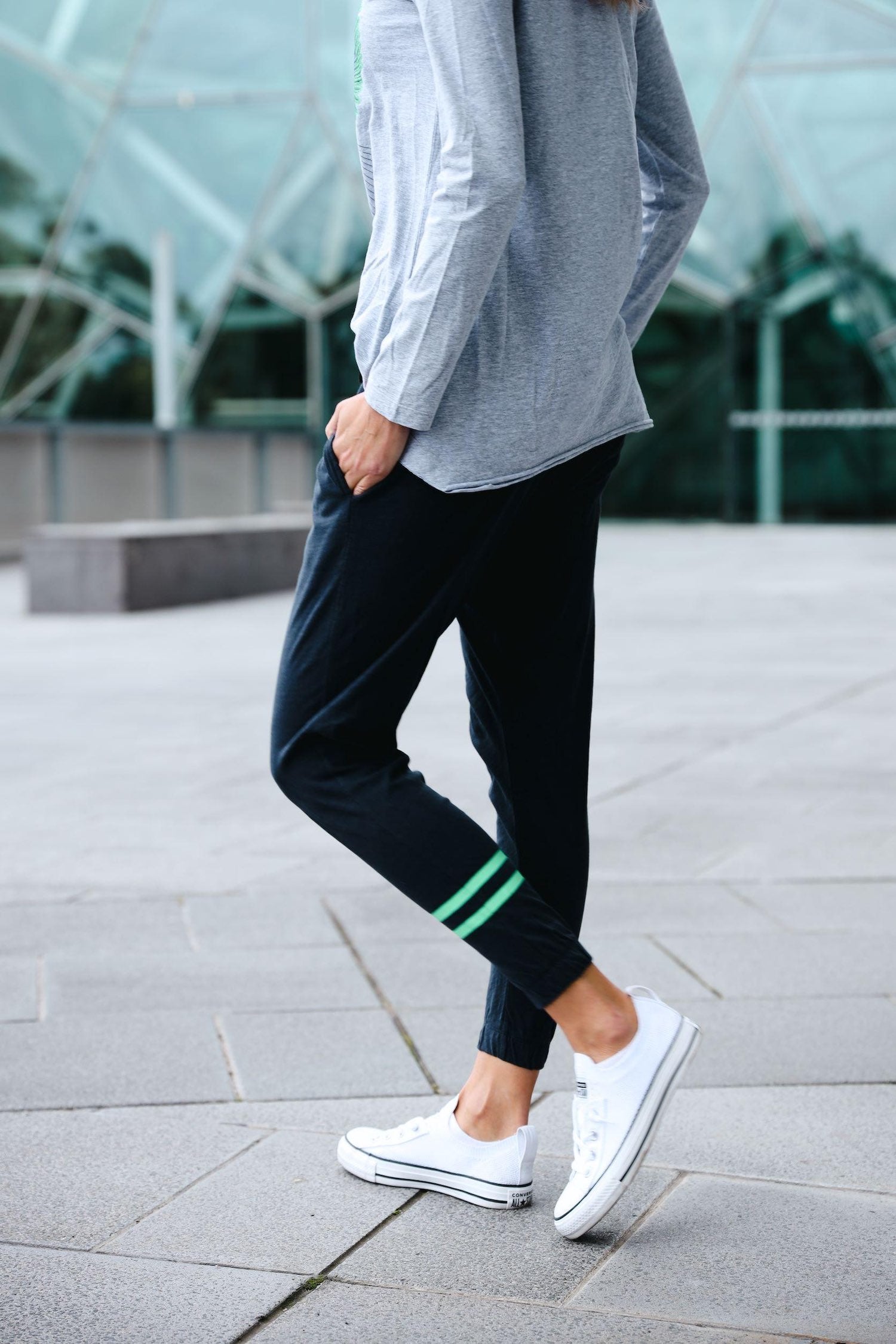 Grey joggers hot sale white shoes